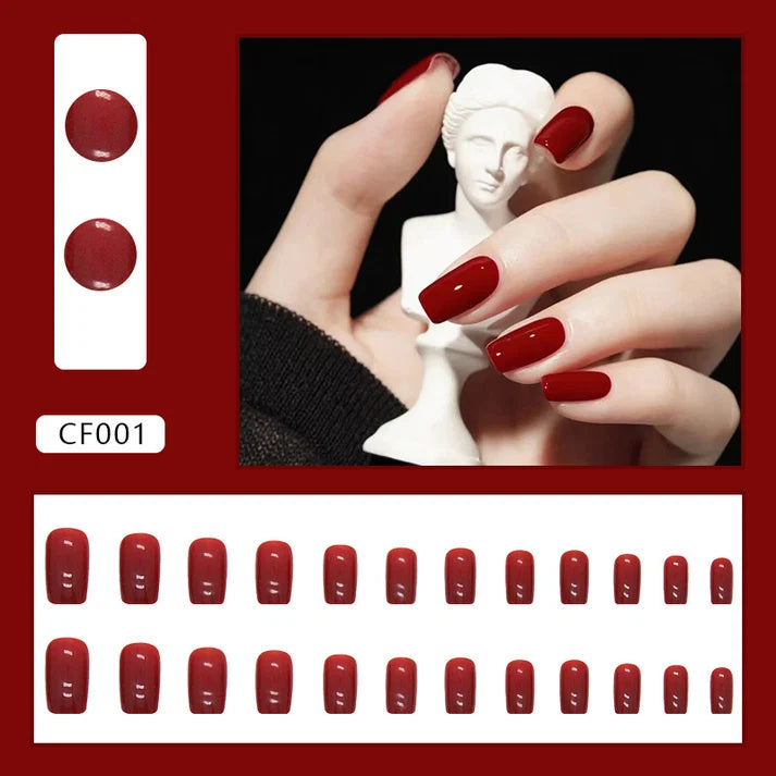 N-128 - Deep maroon - Press On Nail Set Of 24 - Free 24 Pcs Sticker Sheet Included