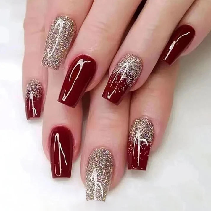 N-115 - Glittery Maroon - Press On Nail Set Of 24 - Free 24 Pcs Sticker Sheet Included