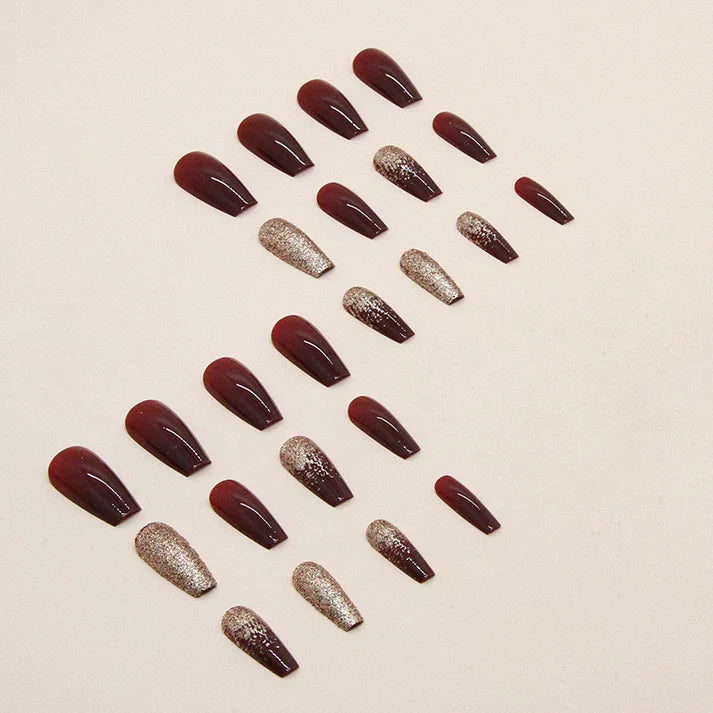 N-115 - Glittery Maroon - Press On Nail Set Of 24 - Free 24 Pcs Sticker Sheet Included