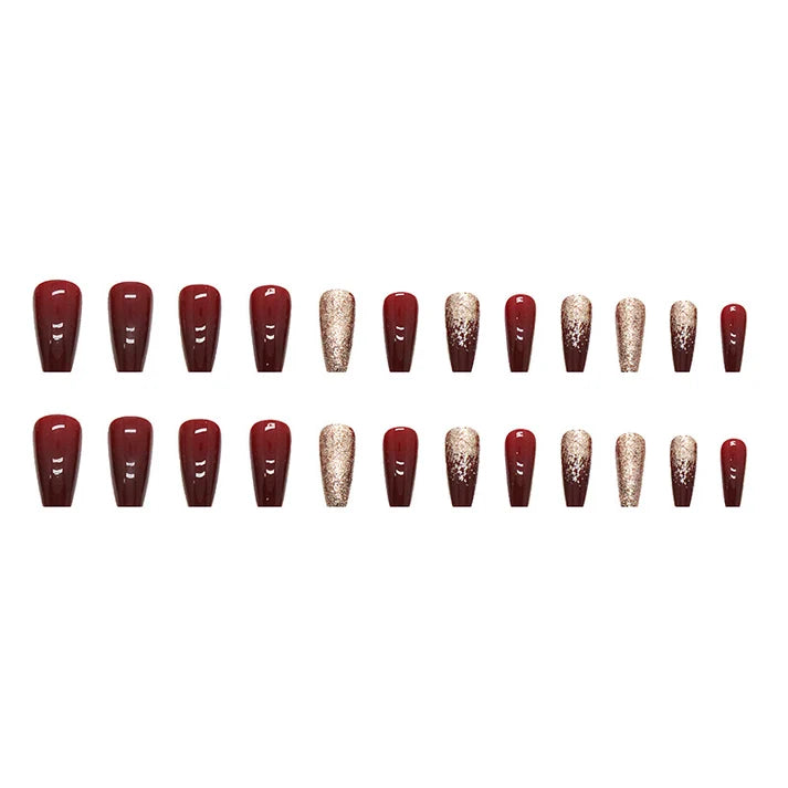 N-115 - Glittery Maroon - Press On Nail Set Of 24 - Free 24 Pcs Sticker Sheet Included