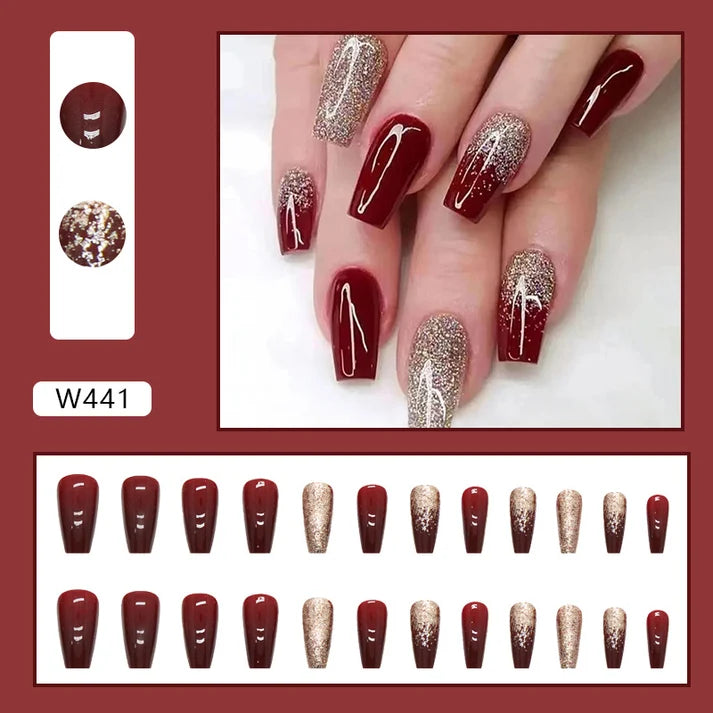 N-115 - Glittery Maroon - Press On Nail Set Of 24 - Free 24 Pcs Sticker Sheet Included
